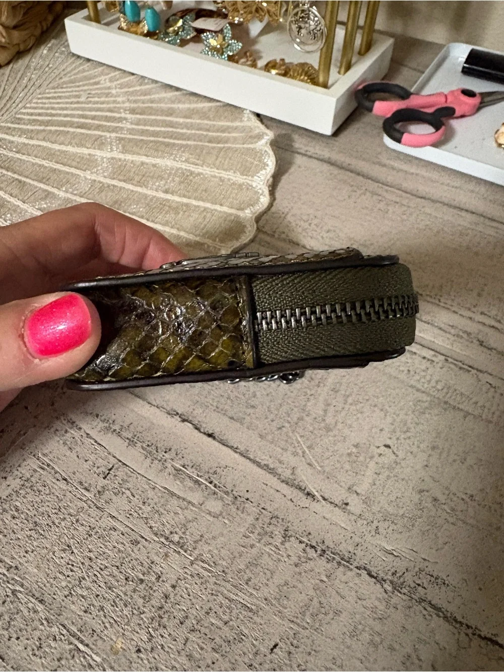 Coach olive green snake print zip card case